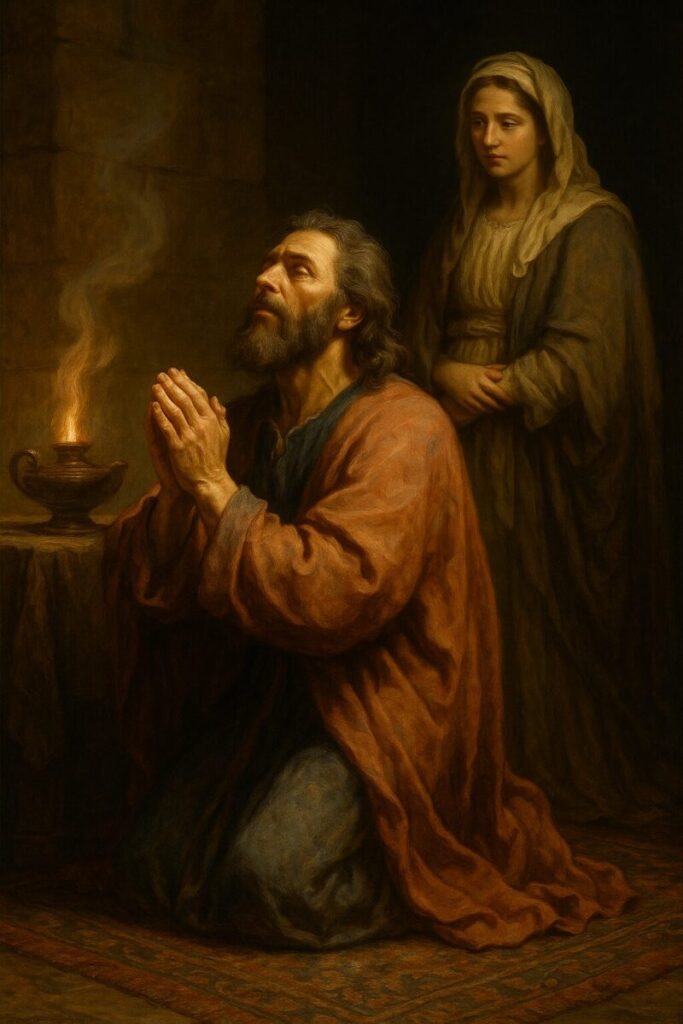 토라포션 6톨레도트에서 이삭이 리브가에게 아기가 생기도록 기도하는 이미지