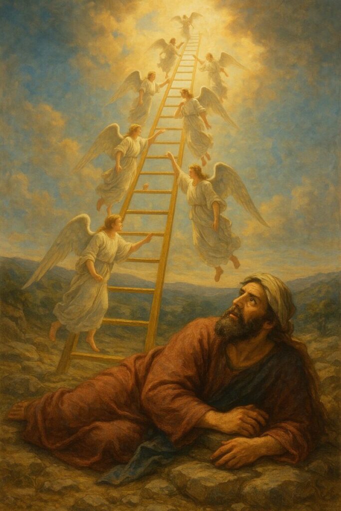 토라포션 8번째 바예쩨에 나오는 야곱이 벧엘에서 천국을 오르내리는 천사들을 보는 이미지