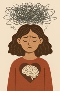 마음의 전쟁터에서 생각의 전쟁을 겪는 여성을 표현한 일러스트