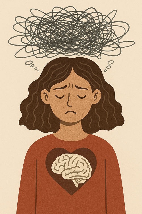 마음의 전쟁터에서 생각의 전쟁을 겪는 여성을 표현한 일러스트