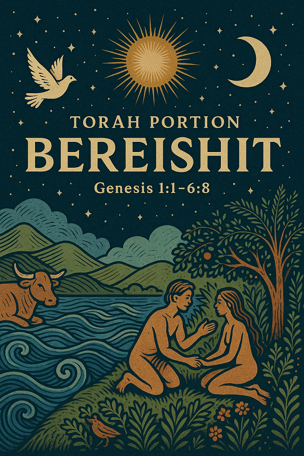 토라포션 베레쉬트를 나타내며 태초에 천지를 만드신 하나님과 인간을 포함한 그분의 피조물들을 표현한 그림