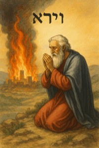 토라포션 4 봐예라는 아브라함 앞에 하나님께서 나타나시고 소돔 고모라에 대한 심판에 대해 알리시며 아브라함은 이에 중보기도하는 그림