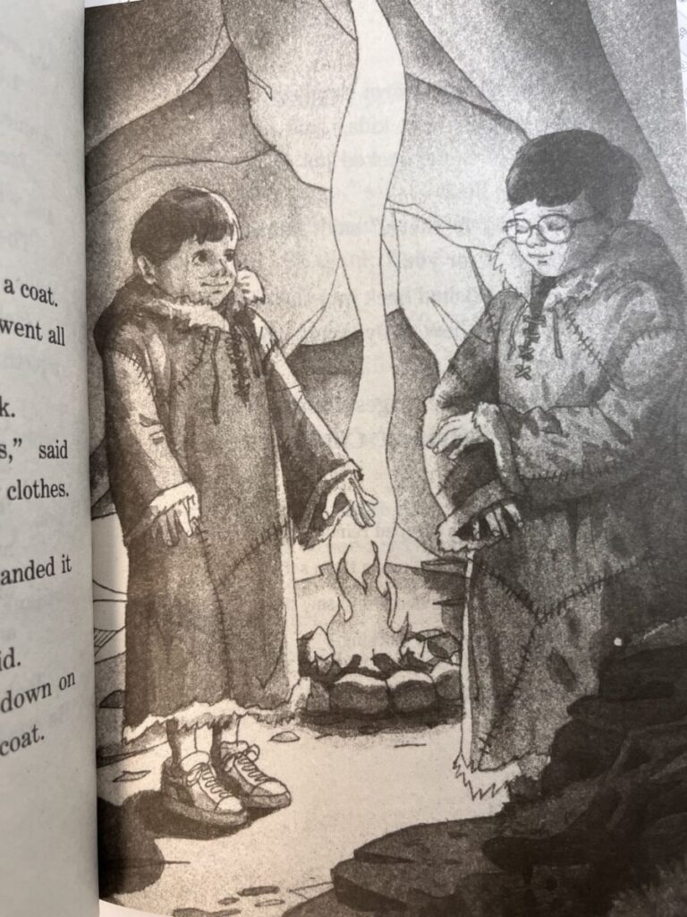 Magic Tree House 7권 빙하시대 모험에서 따뜻한 옷을 입게 된 잭과 애니 이미지