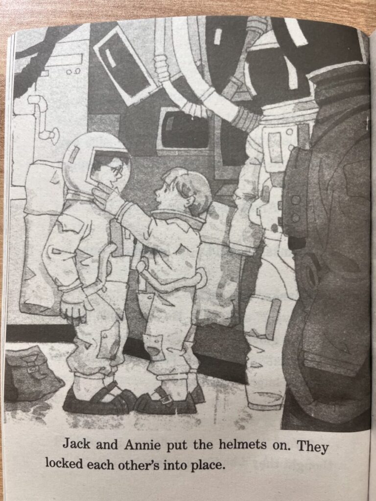 Magic Tree House 8권 3-4장에서 잭과 애니가 우주복을 입은 모습