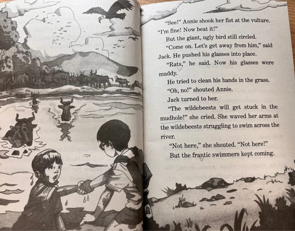 Magic Tree House 매직트리하우스11권에서  잭과 애니가 진흑탕에 빠진 모습을 보여주는이미지