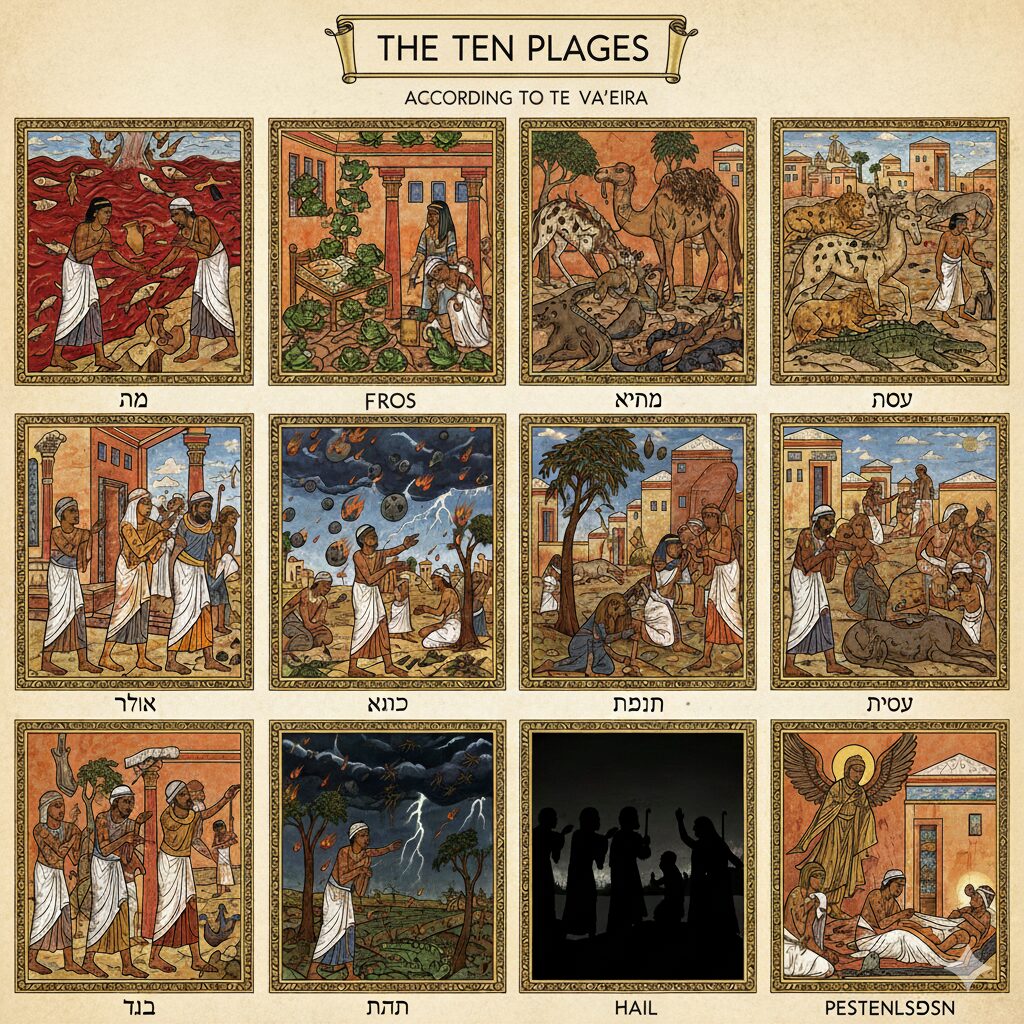 토라포션 14 봐예라의 내용에 나오는 열가지 재앙을 나타내는 이미지