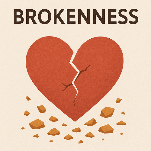 마음의 깨어짐을 상징하는 금이 간 붉은 하트 일러스트, 교만이 깨지고 빛이 새어 나오는 이미지